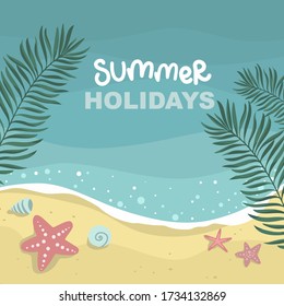 summer sea with waves background, palm leaves, starfish mollusks, beach yellow sand, vector design template, lettering illustration 