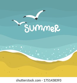 mar de verano con fondo de olas, playa de arena amarilla, plantilla de diseño vectorial, dibujo a mano de ilustración
