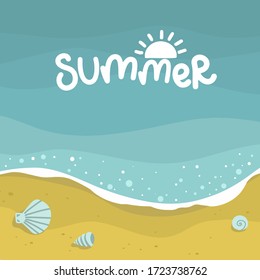 mar de verano con fondo de moluscos de olas, arena amarillo playa, plantilla de diseño vectorial, ilustración