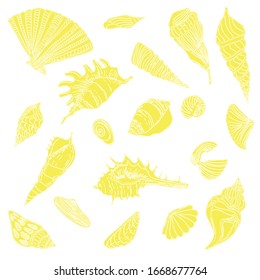 Summer, sea yellow, sand set with shells, pearls, snail. Hand-made graphics of marine subjects, treasures of the ocean, sand, sea. beautiful shells of different shapes. For the design of wallpaper.