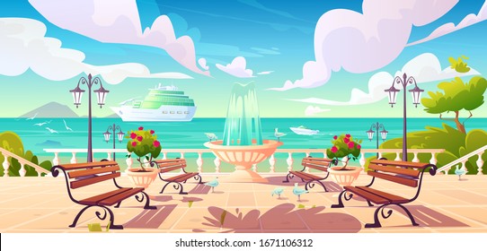 Summer seafront with cruise ship and powerboat in ocean, cartoon quay with fountain, benches and vintage fence. Vector sea landscape with empty promenade, decorative trees, street lamps and gulls