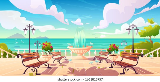 Summer seafront with fountain, benches and vintage fence. Vector cartoon sea landscape with quay, empty ocean promenade with decorative trees, street lamps and gulls