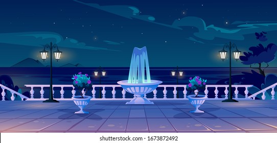 Summer Seafront At Night Time, Empty Quay With Ocean View, Fountain, Decorative Trees, Street Lamps And Vintage Fence. Sea Nighttime Landscape With Promenade On Resort, Cartoon Vector Illustration