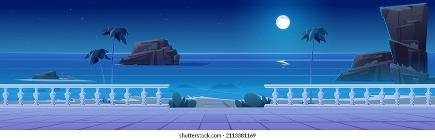 Summer Seafront On Tropical Beach At Night. Ocean Shore Landscape With Empty Promenade, Rocks In Water And Moon In Sky. Vector Cartoon Illustration Of Quay With White Balustrade And Palm Trees