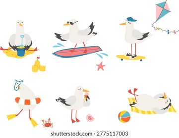 Summer Seagull Character Collection. Vector Set of Funny Seagulls with Kite, Crab, Starfish and Beach Accessories. Isolated Cartoon Birds on White Background