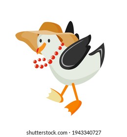 
summer seagull in hat and beads. beach sea albatross. stock vector illustration of a bird on a white background.