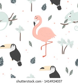 Summer seamles background with tropical animals, palm and leaves flamingo chamillion toucan . Vector illustration