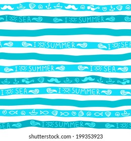 Summer seamless background. Blue strips with messages and symbols.