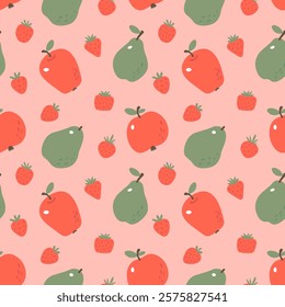 Summer seamless background with fruits. Apples, strawberries, pears for repeat pattern. Hand drawn cute vegetarian yummy. Texture for wallpaper, covers, fabric, textile. Cute cartoon fruits for kids.