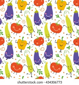 Summer seamless background with funny vegetables: tomatoes, cucumbers, zucchini, paprika.