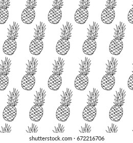 Summer Seamless Background with Hand Drawn Pineapples. Drawing Pattern with Black Fruits. Handdrawn Texture  with Sketch Elements. Doodle Design Objects for Wrapping, Wallpaper. Vector Illustrations.