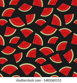 Summer seamless background on black. Realistic watermelon with slices. Cool party abstract. Summer vacation concept. Vector illustration