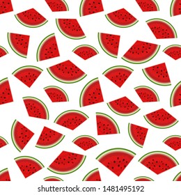 Summer seamless background on white. Realistic watermelon with slices. Cool party abstract. Summer vacation concept. Vector illustration