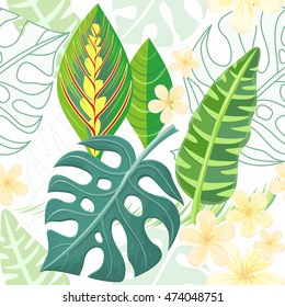 Summer seamless background pattern with tropical plants and flowers. Vector illustration.