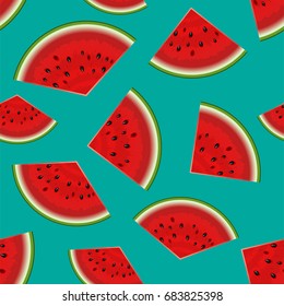Summer seamless background. Realistic watermelon with slices. Vector illustration