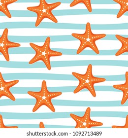 Summer seamless background with sea stars on striped background. Vector illustration