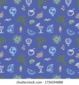 summer seamless background. set of icons on the theme of tourism