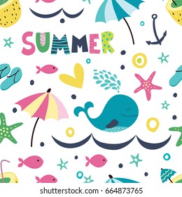 Summer seamless background with whale