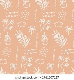 Patrón veraniego de playa sin costura. Hermosos íconos de color beige de arena en las vacaciones de verano en estilo doodle lineal dibujado a mano para tela de moda.