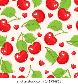 Summer seamless beige background with red cherries and hearts. vector illustration 