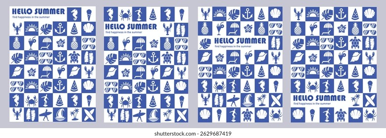 Summer seamless blue poster set featuring tropical icons like sunglasses, pineapples, shells, surfboards, anchors, and cocktails. Perfect for beach party decor, vacation themes, or summer backgrounds.