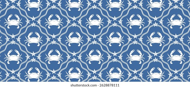 Summer seamless blue retro pattern with hand drawn crabs. Vector.