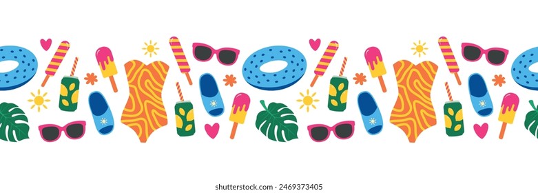 Summer seamless border. Beach accessories, swimsuit, sunglasses, flip flops, ice cream, lifebuoy. Isolated vector illustration