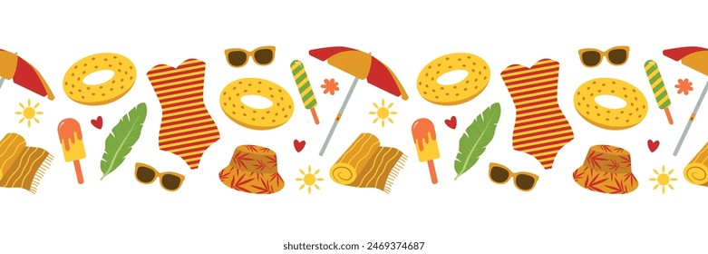 Summer seamless border. Beach holiday accessories, swimsuit, beach umbrella, towel, ice cream, sunglasses, hat. Vector illustration for packaging, background, print