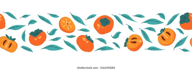 Summer seamless border with persimmon fruit and leaves. Decoration for autumn harvest festival and korean Chuseok. Repeat ornament on white isolated background with berry and leaf. Vector illustration