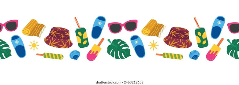 Summer seamless border. Soda, beach towel, flip flops, ice cream, monstera. Modern vector illustration for summer design