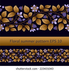 Summer seamless border template with raspberry, leaves and flowers