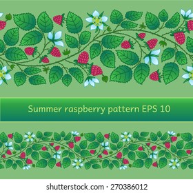 Summer seamless border template with raspberry, leaves and flowers