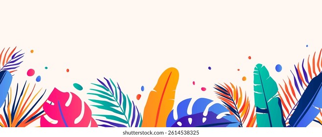Summer seamless border vector background. Abstract banner illustration with jungle exotic leaves, color bright gradient design and copy space at the top. Paradise scene template for vacation pattern.