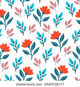 Summer seamless botanical pattern with bright plants and flowers on a light white background. Seamless pattern with colorful leaves and plants. Leaves in bright colors.