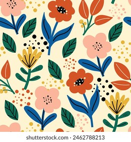 Summer seamless botanical pattern with bright plants and flowers on a beige background. Printing and textiles.  Seamless botanical pattern with plants. Beautiful exotic plants. 