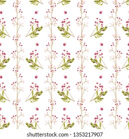 Summer seamless botanical pattern with pink flowers, berries, green plants on transparent background. Good print for clothes