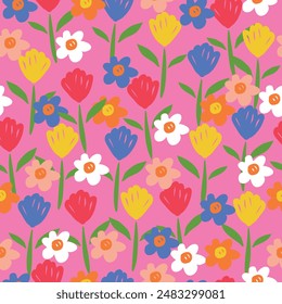 Fondo brillante sin costuras del verano con las flores dibujadas a mano en el fondo rosa. Vector.