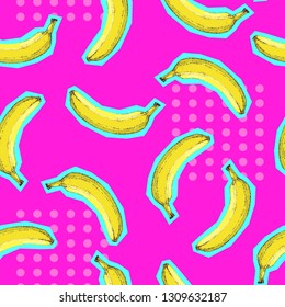 Summer seamless bright pattern with banana. Zine Culture style summer background