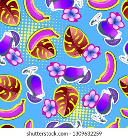 Summer seamless bright pattern with banana and cocktail. Zine Culture style summer background