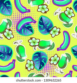 Summer seamless bright pattern with banana and cocktail. Zine Culture style summer background
