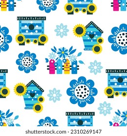 Summer seamless bright pattern with cute beehives, birdhouse, fence and flowers. Summer vector illustration. Cartoon style. Flat design