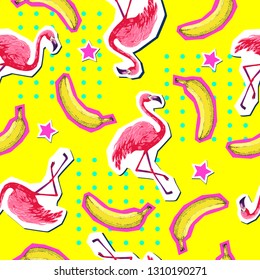 Summer seamless bright pattern with flamingo and banana. Zine Culture style summer background