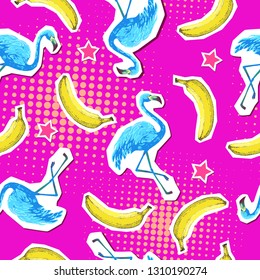 Summer seamless bright pattern with flamingo and banana. Zine Culture style summer background