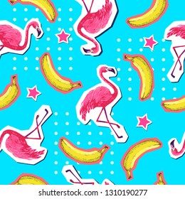 Summer seamless bright pattern with flamingo and banana. Zine Culture style summer background