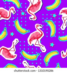 Summer seamless bright pattern with flamingo and banana. Zine Culture style summer background