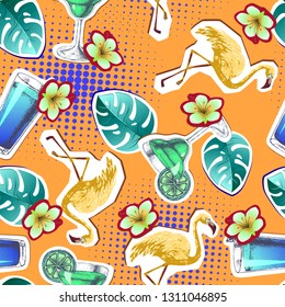 Summer seamless bright pattern with flamingo and cocktail. Zine Culture style summer background