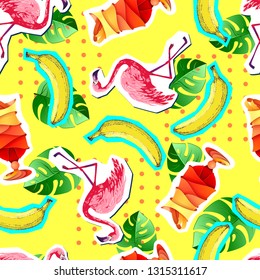 Summer seamless bright pattern with flamingo and cocktail. Zine Culture style summer background