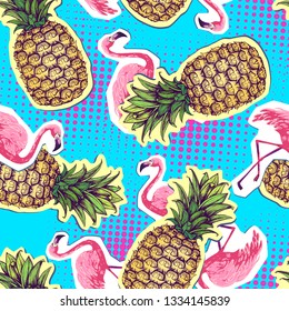 Summer seamless bright pattern with flamingo and pineapple. Zine Culture style summer background