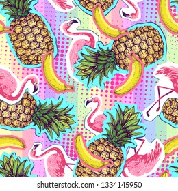 Summer seamless bright pattern with flamingo and pineapple. Zine Culture style summer background