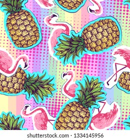 Summer seamless bright pattern with flamingo and pineapple. Zine Culture style summer background